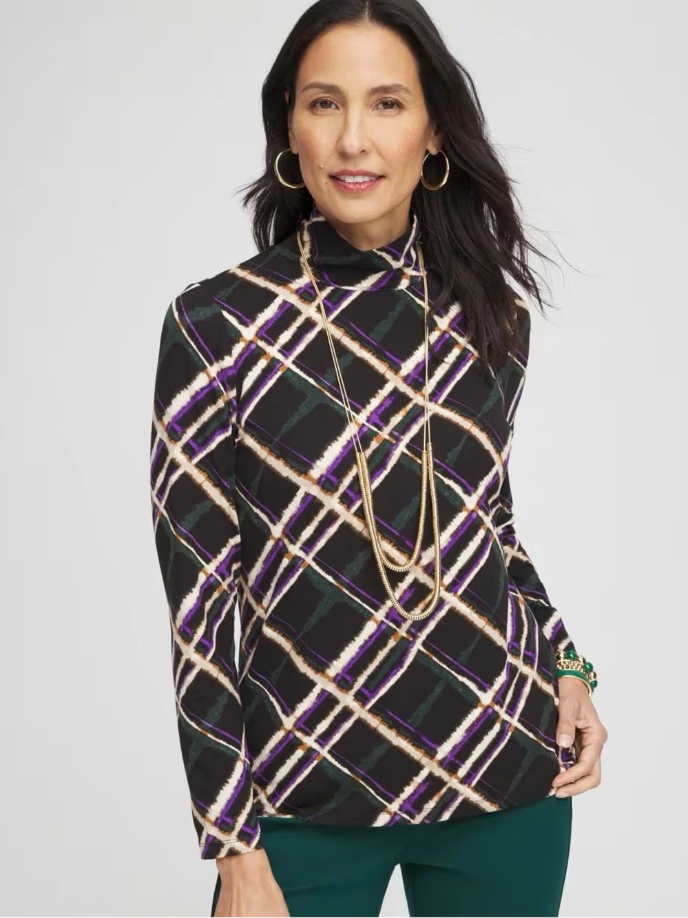 Chico’s Touch of Cool Plaid Mock Neck Layering Top Women’s Size L Stretch Knit